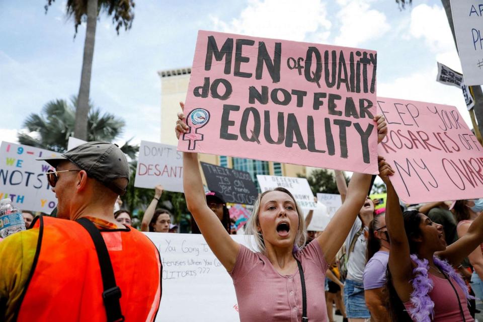 PHOTO: Abortion rights activists protest outside the venue of a summit by the conservative group 'Moms For Liberty' in Tampa, Fla., July 16, 2022. (Octavio Jones/Reuters, FILE)