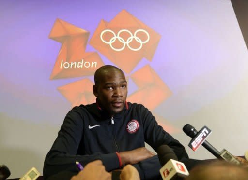 Kevin Durant of the 2012 USA Basketball Men's National Team speaks during a press conference in London. Among US NBA players at London, only Durant, Russell Westbrook, Kevin Love, James Harden and 2012 NBA Draft top pick Anthony Davis would be eligible if the age limit was 23