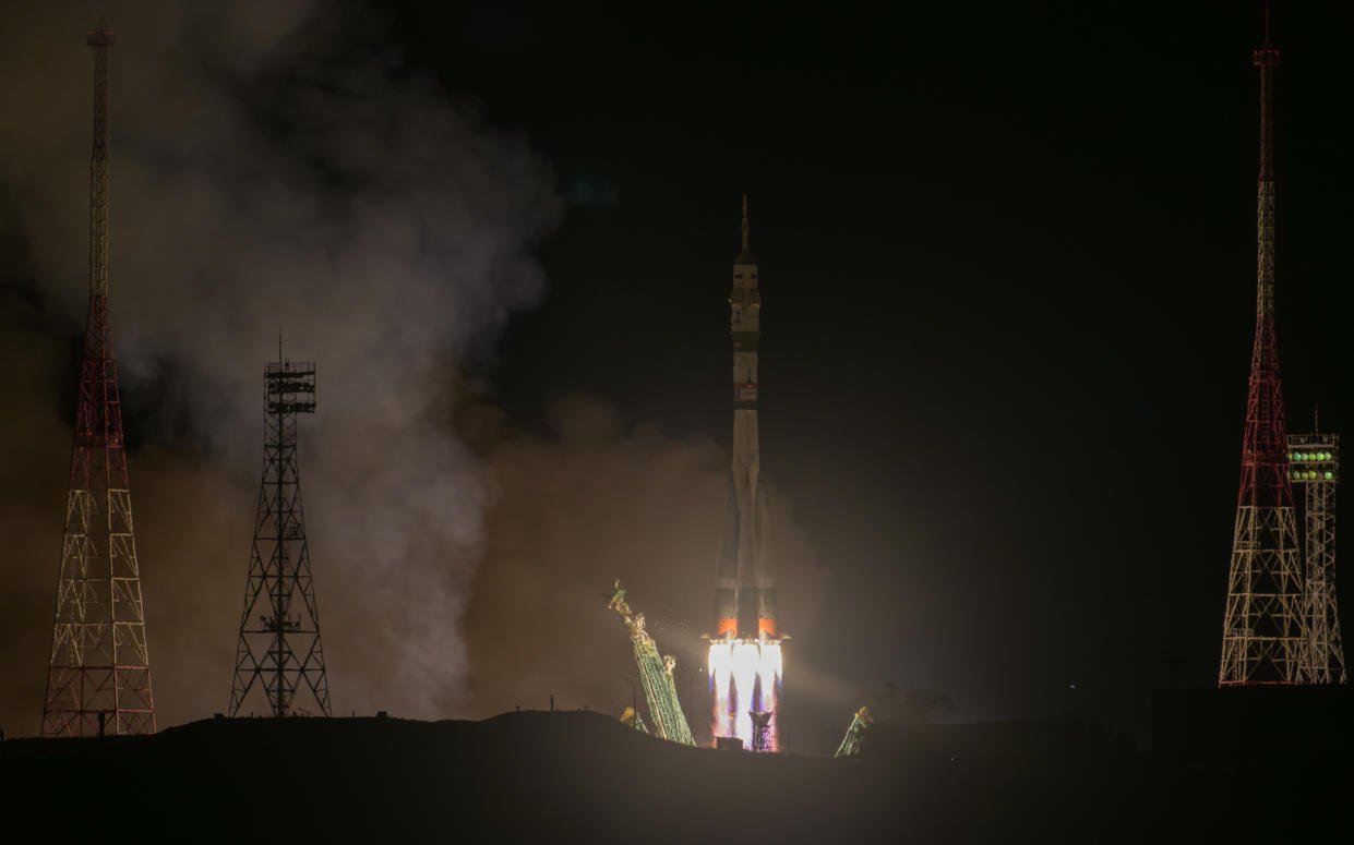 In this image provided by NASA, a Soyuz rocket carrying Roscosmos cosmonauts Alexey Ovchinin, Ivan Vagner and NASA astronaut Don Pettit, a new crew to the International Space Station (ISS), blasts off from the Russian leased Baikonur cosmodrome in Kazakhstan, Wednesday, Sept. 11, 2024. (Bill Ingalls/NASA via AP)