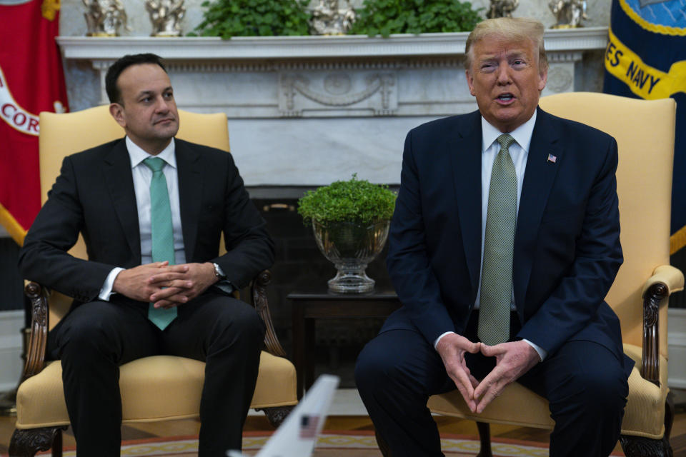 President Donald Trump speaks during a meeting with Irish Prime Minister Leo Varadkar in the Oval Office of the White House, Thursday, March 12, 2020, in Washington. (AP Photo/Evan Vucci)