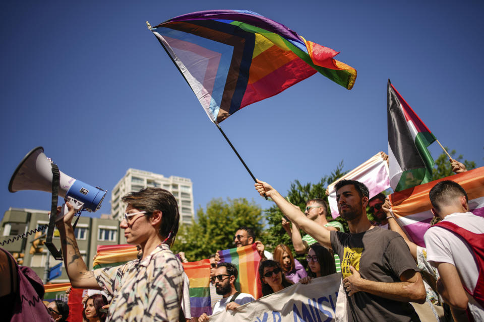 People shout slogans during the annual LGBTQ+ Pride March in Istanbul, Turkey, Sunday, June 30, 2024. (AP Photo/Emrah Gurel)