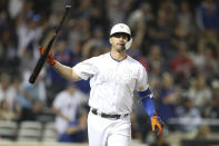 New York Mets' Pete Alonso drops his bat after hitting a three-run home run during the fifth inning of a baseball game against the Atlanta Braves, Saturday, Aug. 24, 2019, in New York. (AP Photo/Mary Altaffer)