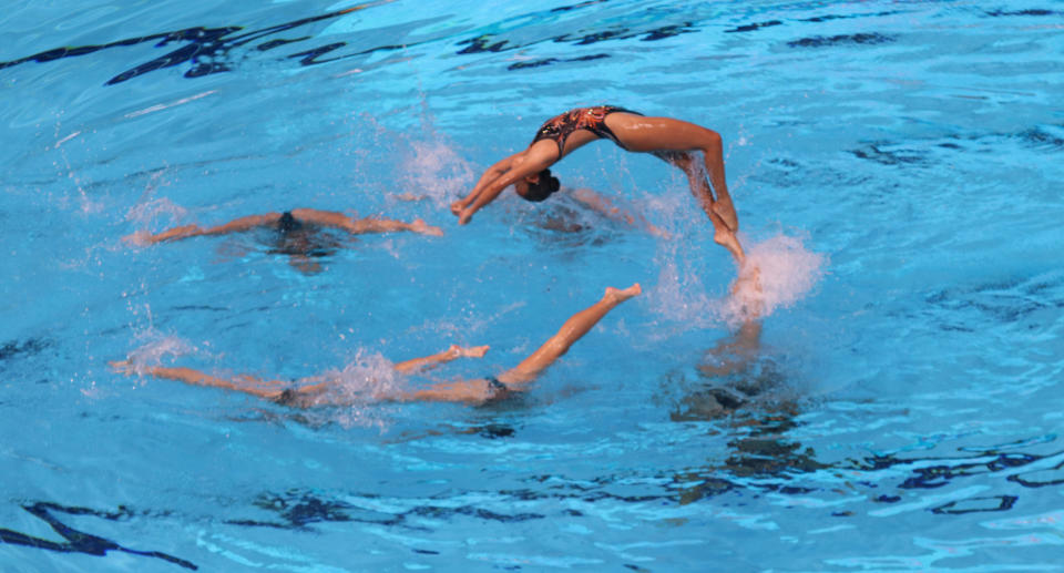 <p>Malaysia performs during the synchronised swimming team free event on 20 Aug. Singapore won gold in the event, Malaysia took the silver and Indonesia bronze. Photo: Hannah Teoh/Yahoo News Singapore </p>