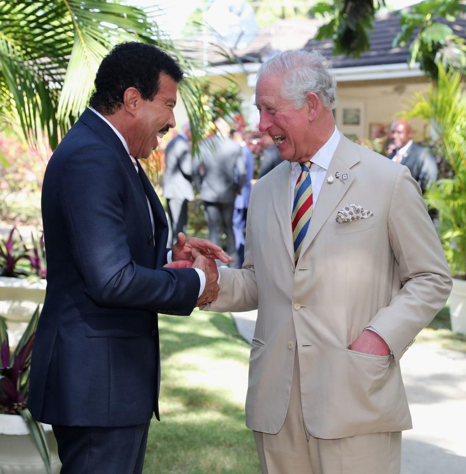 <p>Prince Charles was delighted to see his friend Lionel Richie during his visit to Barbados this spring.</p>