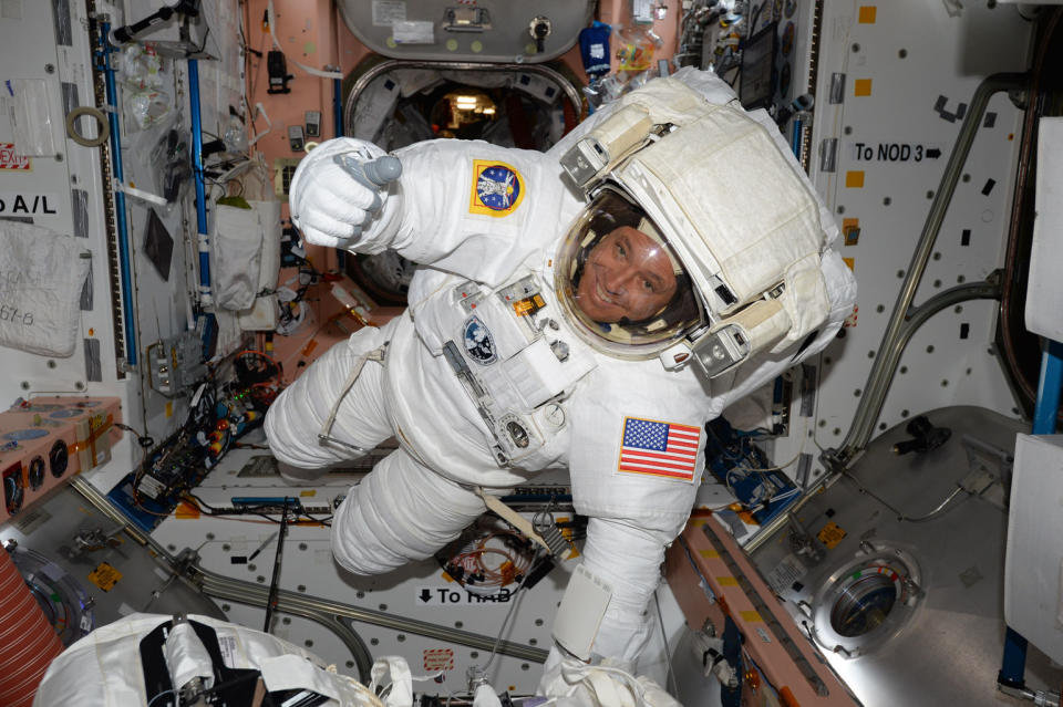 Expedition 51 Flight Engineer Jack Fischer of NASA is seen inside the International Space Station in his spacesuit during a fit check, in preparation for the 200th spacewalk at the station. It was also Fischer's first spacewalk, and occurred on May 12, 2017. <cite>NASA</cite>