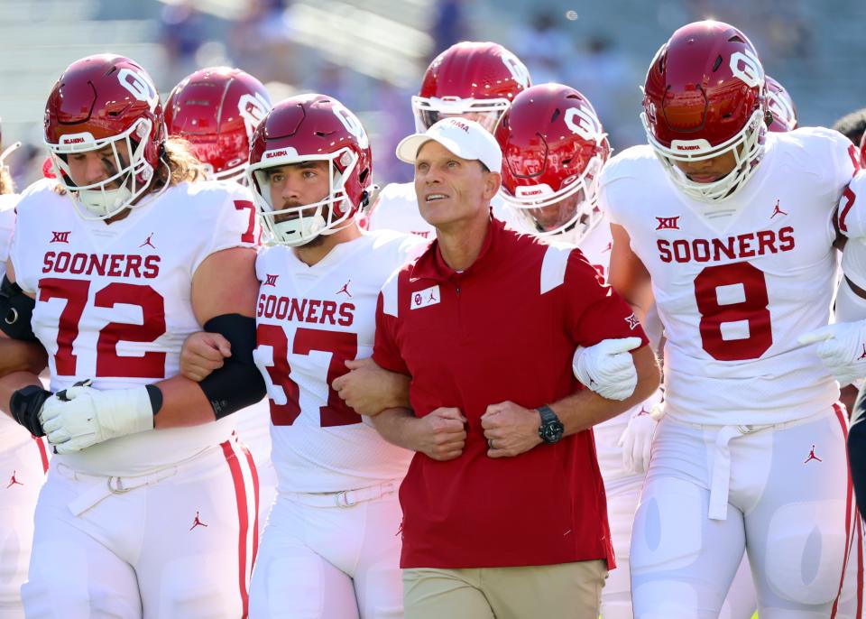 Oct 1, 2022; Fort Worth, Texas, USA;  Oklahoma Sooners head coach Brent Venables walks in a line with his team  before the game against the TCU Horned Frogs at Amon G. Carter Stadium. Mandatory Credit: Kevin Jairaj-USA TODAY Sports