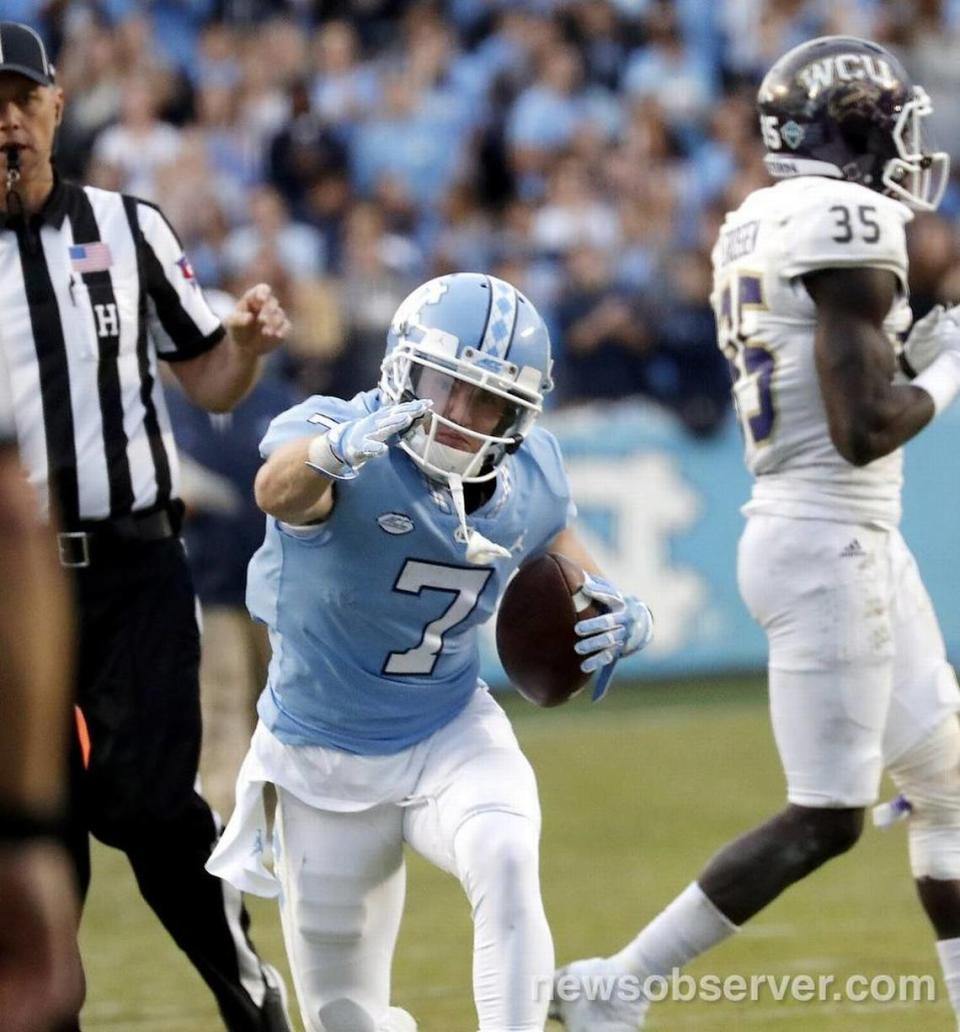 UNC’s Austin Proehl (7) signals for a first down after he made a catch during the second quarter of an NCAA college football game played between the UNC Tar Heels and the Western Carolina Catamounts at Kenan Stadium in Chapel Hill, NC, on Nov. 18, 2017.