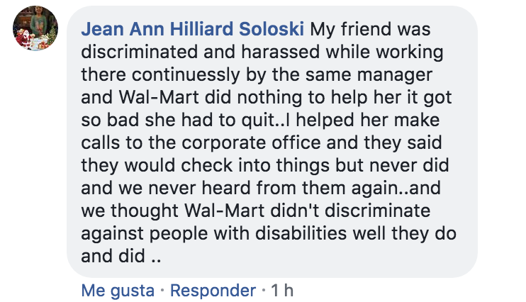 Comentario en Facebook de un testimonio sobre trabajar en Walmart.