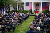 <p>Trump celebrates the appointment of Supreme Court Justice Amy Coney Barrett with an event in the White House rose garden on Sept. 26, 2020.</p> <p>Prior to her expedited confirmation hearings — <a href="https://people.com/politics/amy-coney-barrett-confirmed-supreme-court-by-senate/" rel="nofollow noopener" target="_blank" data-ylk="slk:just one week before the November 2020 election;elm:context_link;itc:0;sec:content-canvas" class="link ">just one week before the November 2020 election</a> — Supreme Court nominee Amy Coney Barrett was celebrated with a mostly unmasked, not socially distanced party at the White House. It was another moment of the administration's defiance toward the COVID-19 pandemic, but ended up having consequences: <a href="https://people.com/politics/white-house-elects-not-to-perform-contact-tracing-after-suspected-super-spreader-event-report/" rel="nofollow noopener" target="_blank" data-ylk="slk:more than 10 people;elm:context_link;itc:0;sec:content-canvas" class="link ">more than 10 people</a>, including the president and first lady, tested positive for coronavirus in the days afterward. Former New Jersey Governor Chris Christie, one of those infected, was hospitalized for nearly two weeks. Despite the infections, the <a href="https://people.com/politics/white-house-elects-not-to-perform-contact-tracing-after-suspected-super-spreader-event-report/" rel="nofollow noopener" target="_blank" data-ylk="slk:White House reportedly turned down;elm:context_link;itc:0;sec:content-canvas" class="link ">White House reportedly turned down</a> an offer from the Centers for Disease Control and Prevention to assist with contact tracing.</p>