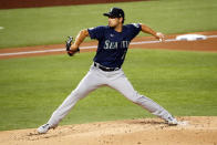 Seattle Mariners starting pitcher Marco Gonzales delivers to the Texas Rangers in the first inning of a baseball game in Arlington, Texas, Tuesday, Aug. 11, 2020. (AP Photo/Ray Carlin)