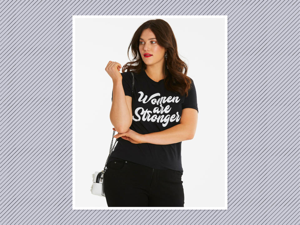 <p>Women Are Stronger T-Shirt, $27, <a rel="nofollow noopener" href="https://www.simplybe.com/en-us/products/women-are-stonger/p/CM867#v=color%3ACM867_BLACK%7C" target="_blank" data-ylk="slk:Simply Be;elm:context_link;itc:0;sec:content-canvas" class="link ">Simply Be</a> (Photo: Simply Be) </p>