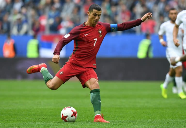 Portugal's forward Cristiano Ronaldo kicks the ball during the 2017 Confederations Cup group A football match against New Zealand June 24, 2017