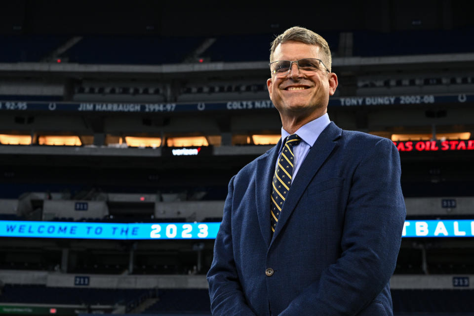 Michigan Wolverines coach Jim Harbaugh poses during the Big Ten Conference media days on July 27. (James Black/Icon Sportswire via Getty Images)