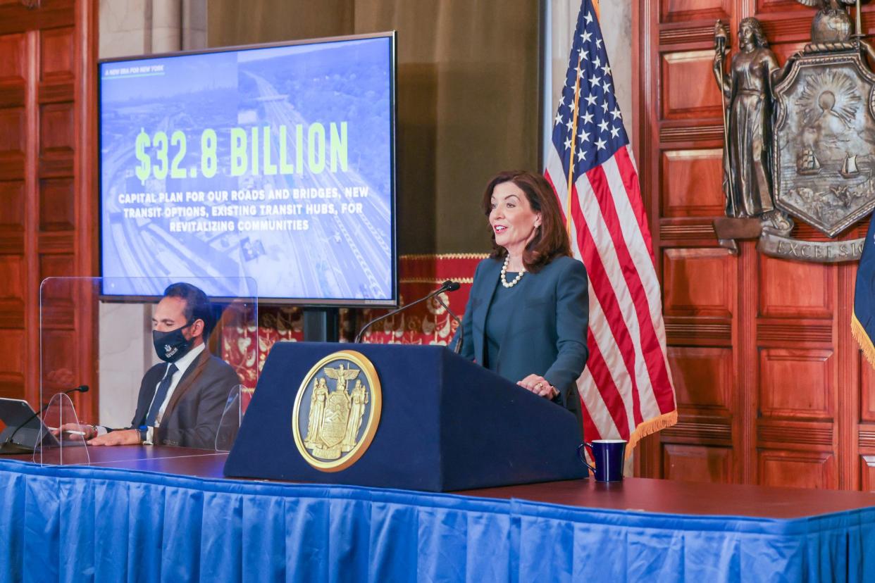 New York Governor Kathy Hochul presents fiscal year 2023 Executive Budget in the Red Room of the Capitol in Albany, New York on Tuesday, Jan. 18, 2022.