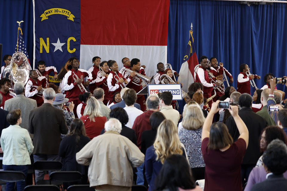 The Shaw University Marching Band opens the Josh Stein for Governor rally at Shaw University in Raleigh, N.C., Tuesday, Oct. 10, 2023. (AP Photo/Karl B DeBlaker)