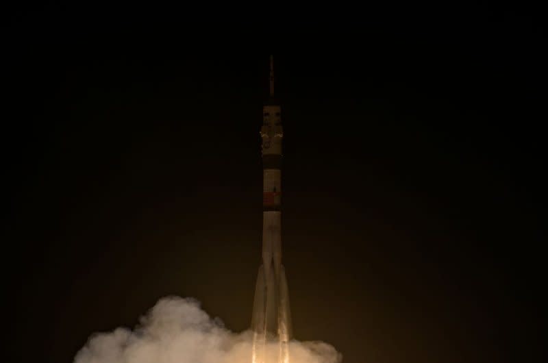 A Soyuz rocket is launched with Expedition 70 NASA astronaut Loral O'Hara and Roscosmos cosmonauts Oleg Kononenko and Nikolai Chub on September 15, 2023, at the Baikonur Cosmodrome in Kazakhstan. File photo courtesy of Bill Ingalls/NASA/UPI