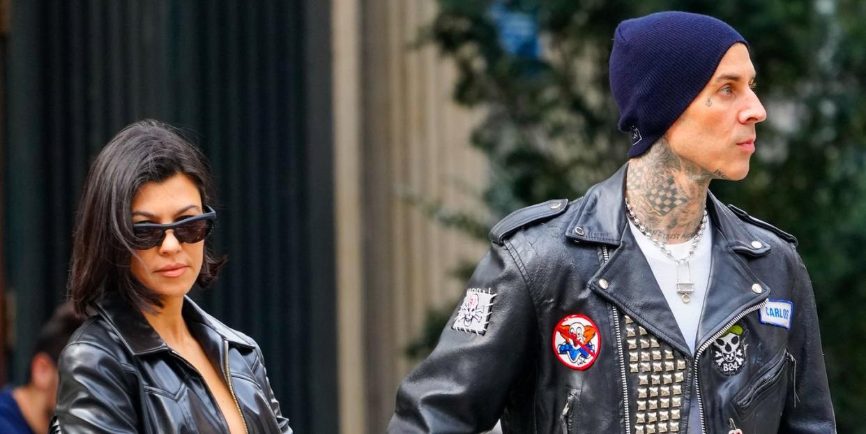 new york, new york october 16 kourtney kardashian and travis barker are seen on october 16, 2021 in new york city photo by gothamgc images