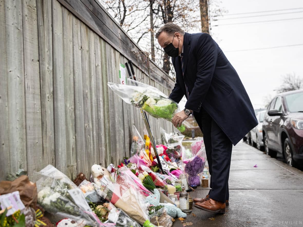 Last Thursday, Quebec Premier François Legault posted a picture of himself mourning the death of Thomas Trudel, a 16-year-old teenager who was shot and killed in Montreal on Nov. 14.  (Twitter/François Legault - image credit)