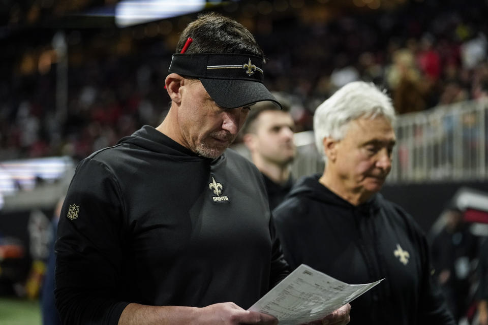 New Orleans Saints head coach Dennis Allen walks off the field at halftime during an NFL football game between the Atlanta Falcons and the New Orleans Saints, Sunday, Nov. 26, 2023, in Atlanta. (AP Photo/Brynn Anderson)