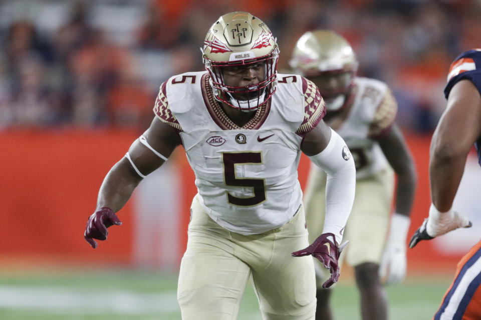 FILE - Florida State defensive lineman Jared Verse (5) rushes the passer against Syracuse during the first half of an NCAA college football game Saturday, Nov. 12, 2022, in Syracuse, N.Y. (AP Photo/Joshua Bessex, File)