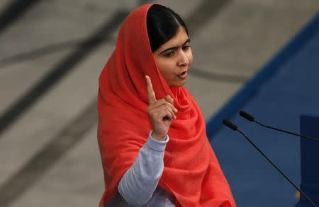 Nobel Peace Prize laureate Malala Yousafzai delivers her speech during the Nobel Peace Prize awards ceremony at the City Hall in Oslo December 10, 2014. (REUTERS/Suzanne Plunkett)