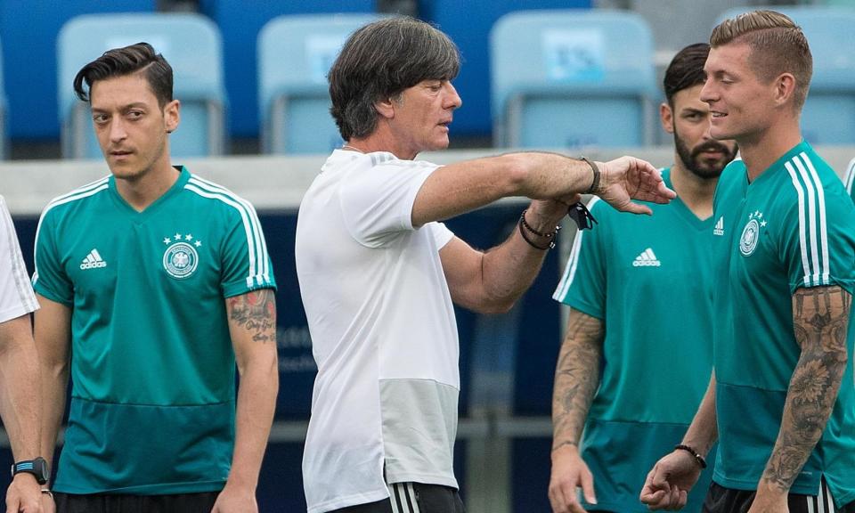 Joachim Löw, centre, has had to galvanise his Germany squad after the 1-0 defeat to Mexico last weekend.