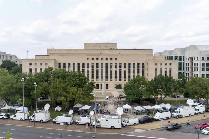 News outlets stage outside the E. Barrett Prettyman Federal Courthouse in Washington on Wednesday ahead of former President Donald Trump's arraignment. Photo by Bonnie Cash/UPI