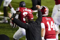 Indiana head coach Tom Allen celebrates after Indiana defeated Penn State in overtime of an NCAA college football game, Saturday, Oct. 24, 2020, in Bloomington, Ind. (AP Photo/Darron Cummings)