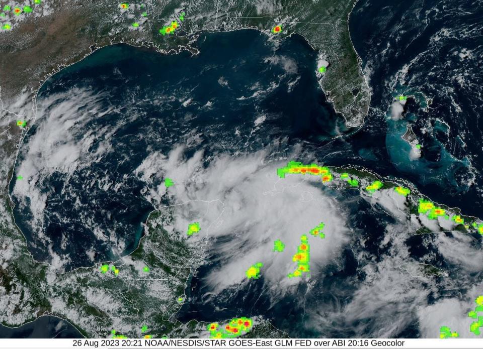 Tropical Depression 10 near the Yucatan Peninsula on Aug. 26, 2023.