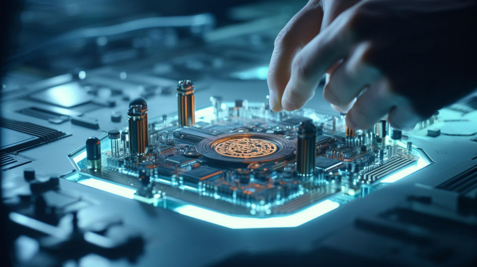 A closeup of a hand manipulating a complex piece of machinery in a semiconductor factory.