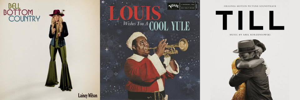 This combination of photos show album art for “Bell Bottom Country” by Lainey Wilson, left, “Louis Wishes You a Cool Yule,” a Louis Armstrong Christmas album, center, and the soundtrack from the film "Till." (BBR Music Group/Verve/Ume/Mercury Classics via AP)