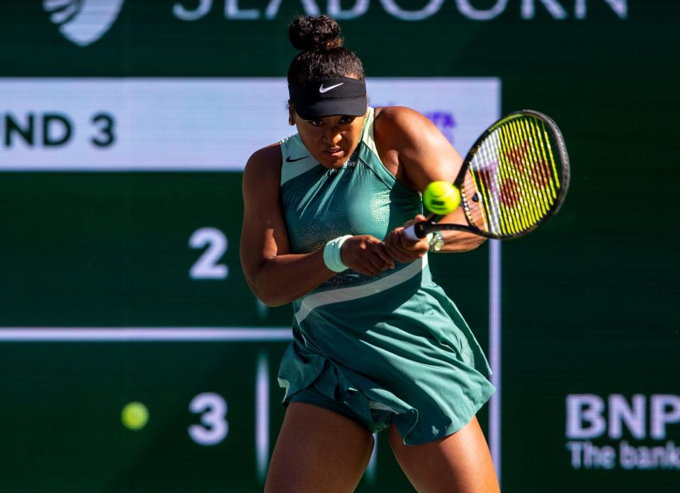 Naomi Osaka hits to Elise Mertens during round three at the BNP Paribas Open in Indian Wells, Calif., Monday, March 11, 2024.