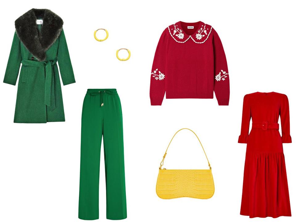 Eva bag, £59, JW Pei; Wool-blend Ava coat, £459, LK Bennett; Satin wide-leg track pant, £185, Me + Em; Red Lula jumper, £225, Rixo; Fry Powers gold and enamel earrings, £295, Net-a-Porter; Luna red cotton velvet midi dress, £165, Kitri