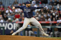 Tampa Bay Rays starting pitcher Aaron Civale throws to a Los Angeles Angels batter during the first inning of a baseball game in Anaheim, Calif., Tuesday, April 9, 2024. (AP Photo/Alex Gallardo)