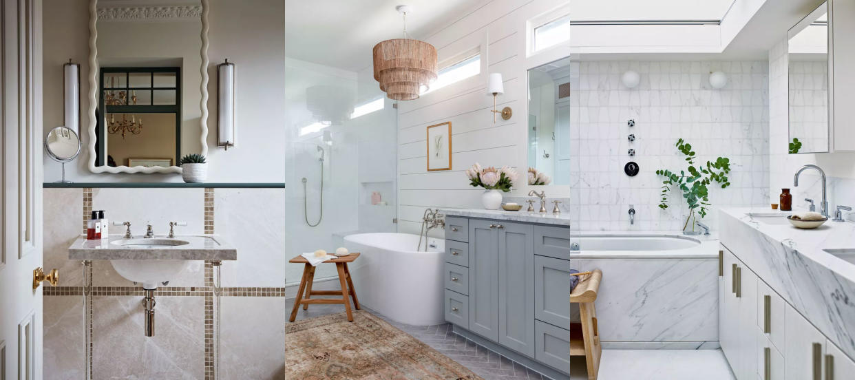  Bathroom layout mistakes. Close up of vanity area, sink and mirror. Cozy bathroom with shower, bath, cabinetry. White and gray marble bathroom. 