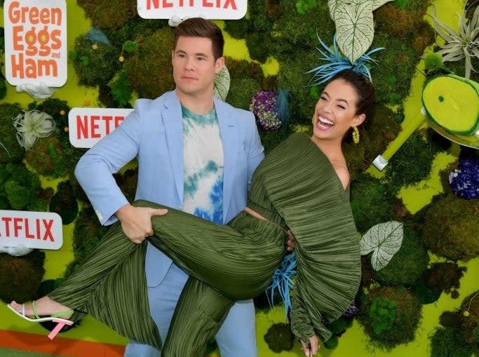 Closeup of Chloe Bridges and Adam DeVine