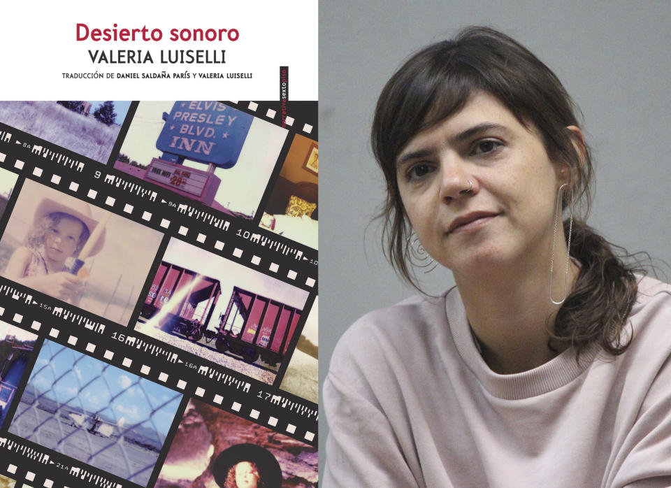 This combination of photos shows the cover of "Desierto sonoro," left, and a portrait of author Valeria Luiselli. (Editorial Sexto Piso via AP, left, and Angel Soto via AP)