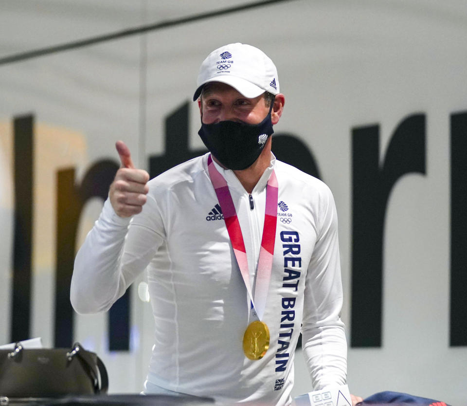 Equestrian Oliver Townend who won team gold arrives back at London Heathrow Airport from the Tokyo 2020 Olympic Games. Picture date: Tuesday August 3, 2021.