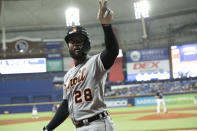 Detroit Tigers' Niko Goodrum gestures after hitting a home run against the Tampa Bay Rays during the fifth inning of a baseball game Thursday, Sept. 16, 2021, in St. Petersburg, Fla. (AP Photo/Scott Audette)