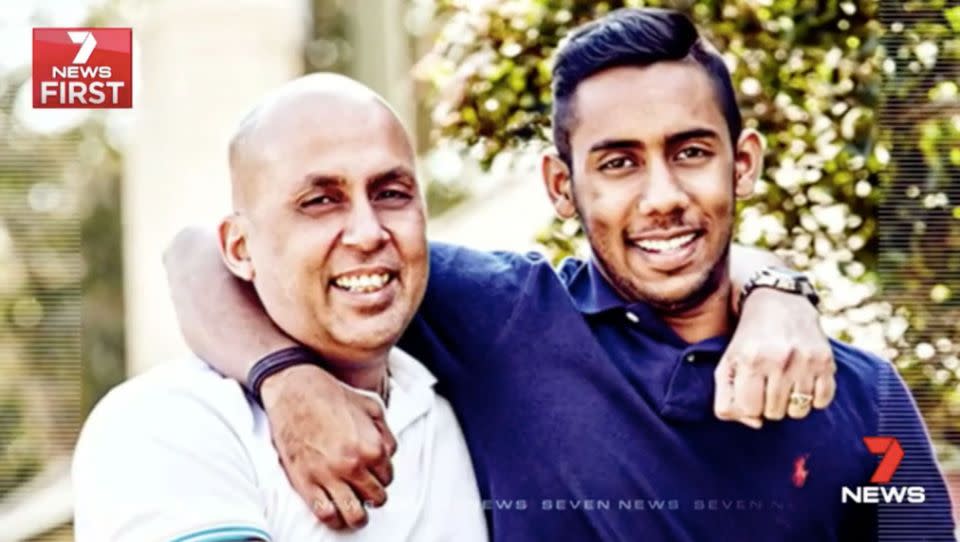 Lindt Siege survivor Joel Herat and his father. Source: 7 News