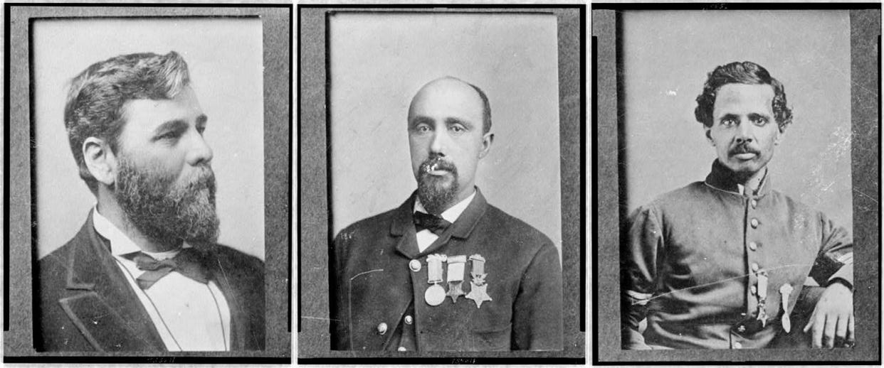 Three Black soldiers from the Civil War who received the Medal of Honor for their service in the 5th U.S. Colored Infantry from Ohio. From left to right: Sgt. Maj. Milton Holland, 1st Sgt. Robert Pinn and 1st Sgt. Powhatan Beaty. There is no known picture of the fourth recipient, 1st GSgt. James Bronson.