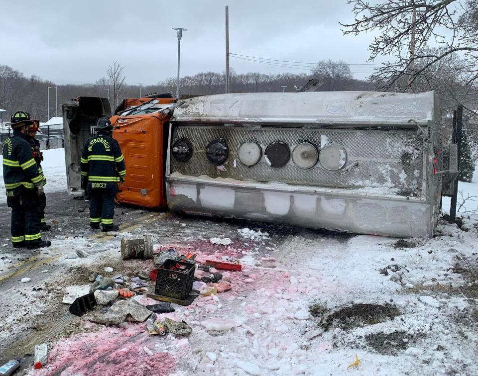 Police in Westborough are investigating what caused an oil tanker to roll over Thursday on Eli Whitney Street, Feb. 23, 2023.