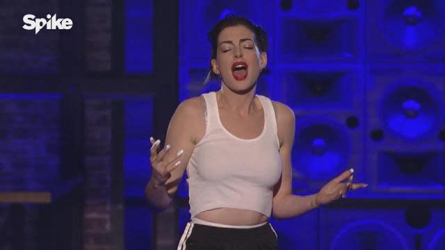 Anne Hathaway doing a Miley song isn't something we asked for, but we gotta admit she nailed it! The 32-year-old Oscar winner takes on Emily Blunt (it's a <em>Devil Wears Prada</em> reunion!) in this week's LL Cool J hosted <em>Lip Sync Battle</em>, and she's not messing around -- wrecking ball and all! WATCH: Salt-N-Pepa Go Head-to-Head on 'Lip Sync Battle' and It's Hilarious! She didn't go halfway on <em>Les Mis</em>, she's definitely not going halfway on this. Spike TV She even sends her competitor Emily Blunt a pretty clear message. Spike TV Spike TV Not going to lie, it's actually pretty epic. Spike TV Here's a preview of her routine. Way to go for it, Anne! NEWS: Chrissy Teigen Ends Up in the Hospital After Vicious 'Lip Sync Battle' Anne Hathaway vs. Emily Blunt on <em>Lip Sync Battle</em> airs Thursday April 9 on Spike. If you haven't seen <em>Lip Sync Battle</em> yet, it really is a thing, and you are missing out on deeply enjoyable performances like Dwayne "The Rock" Johnson performing a Taylor Swift song. Just sayin'.