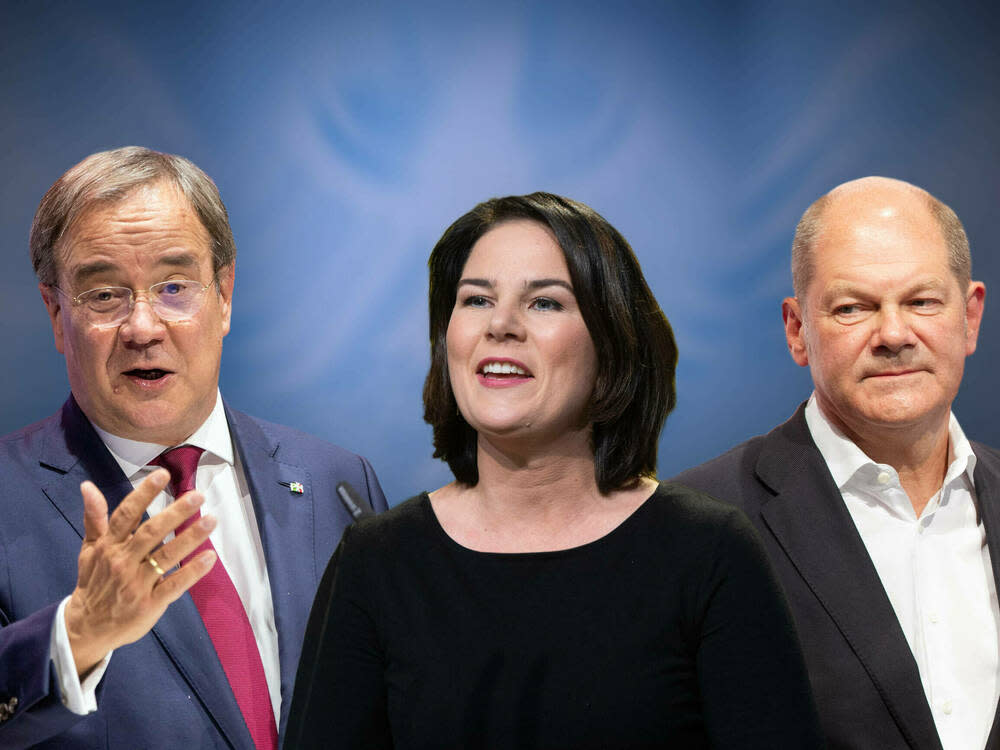 Die Politiker Annalena Baerbock, Armin Laschet (l.) und Olaf Scholz treten in mehreren Triellen gegeneinander an. (Bild: imago images/Sven Simon)