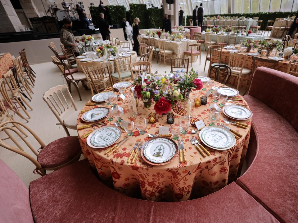 A view of table settings at The 2022 Met Gala Celebrating "In America: An Anthology of Fashion" at The Metropolitan Museum of Art on May 2, 2022