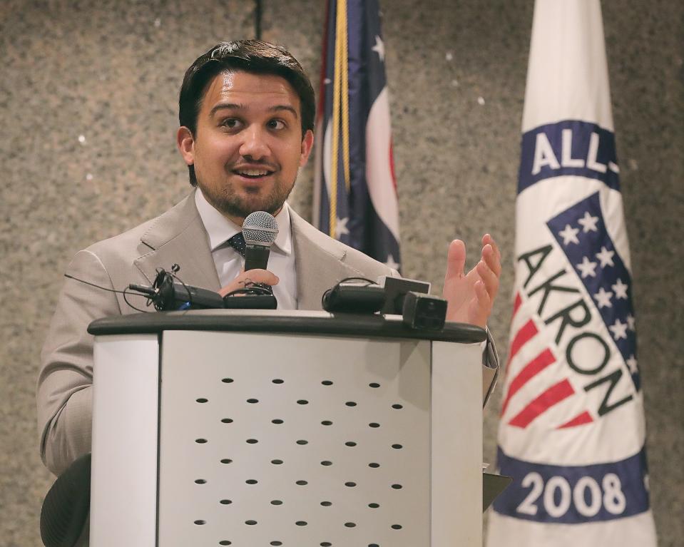 Akron Mayor Shammas Malik talks to members of the media during a news conference Thursday at the Ocasek Auditorium.