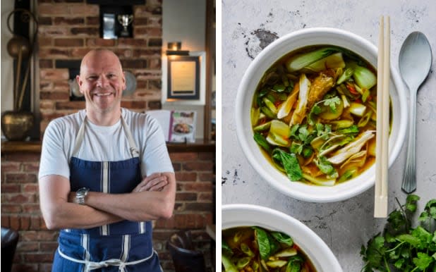 Left, Tom Kerridge; and right, pulled chicken, chilli and pak choi broth