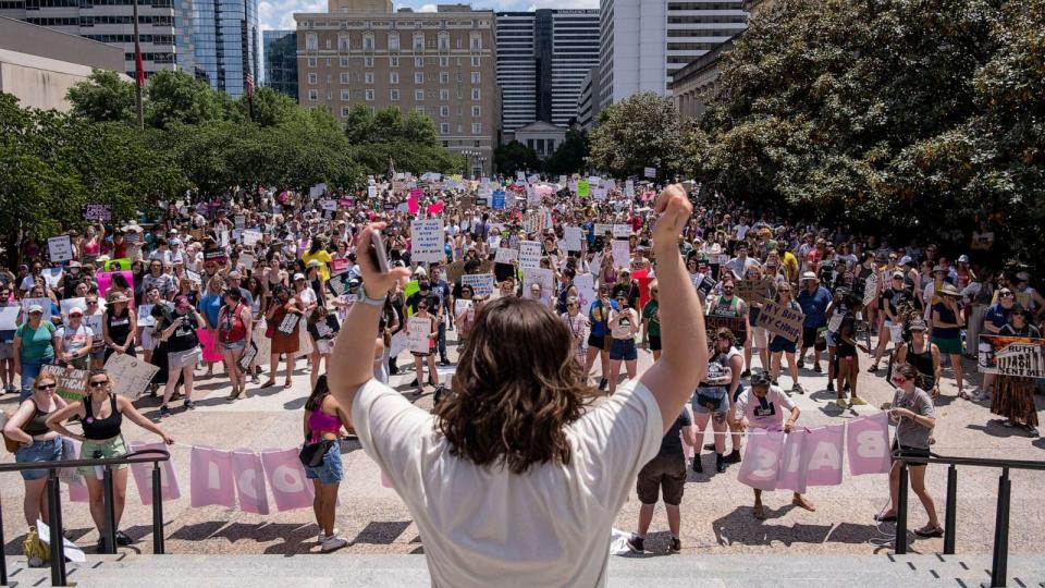 PHOTO:IN this May 14, 2022, file photo, a member of the national Planned Parenthood association speaks to hundreds gathered near the Tennessee State Capital building in Nashville, Tenn. (Seth Herald/AFP via Getty Images, FILE)