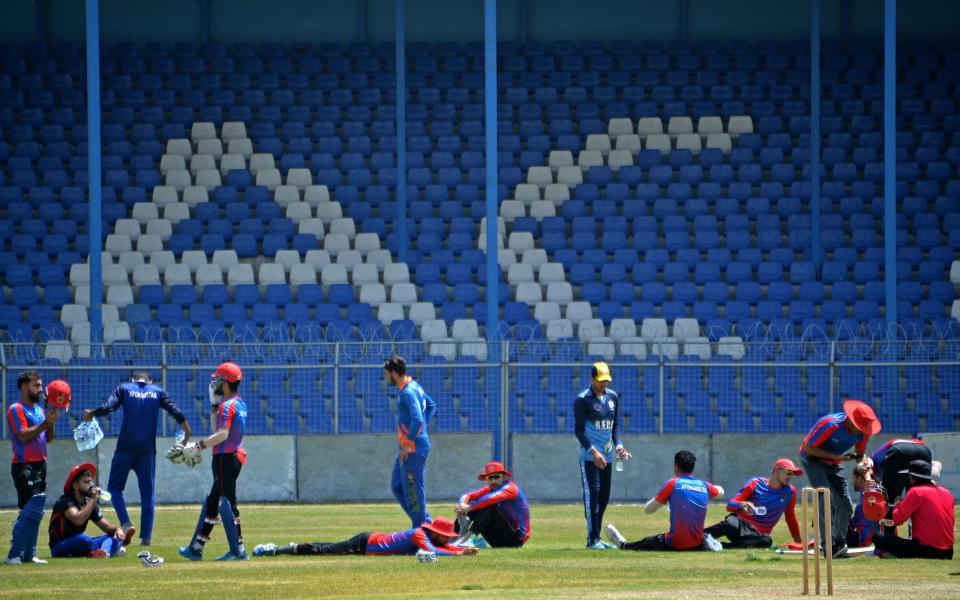 Afghanistan's national cricket team players attend a training session at the Kabul International Cricket Ground in Kabul, ahead of their one-day series against Pakistan, scheduled to take place in Sri Lanka in two weeks. - GETTY IMAGES