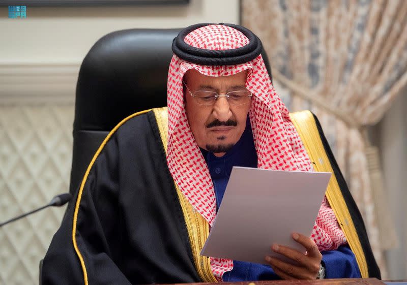 FILE PHOTO: Saudi King Salman bin Abdulaziz addresses the kingdom's advisory Shura Council from his royal palace in Neom